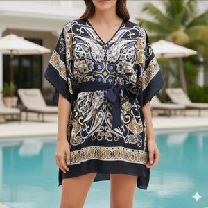 Michael Kors 100% SILK Women SZ L/XL Kaftan Top Blouse Blue Colorful Flowy Bold
